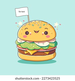 Pattern with Сartoon cute smiling Burger with mock-up flag for your text. Perfect content for wallpaper, postcards, posters, fabric, napkins and other creative projects. American BBQ Burger. 