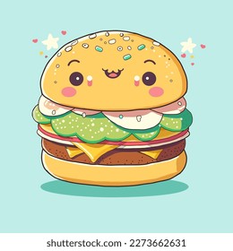 Pattern with Сartoon cute smiling Burger on blue background. Perfect content for wallpaper, postcards, posters, fabric, napkins and other creative projects. American BBQ Burger. 