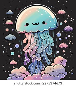 Pattern with Сartoon cute smiling jellyfish or octopus with Sealife on black background. Perfect content for wallpaper, postcards, posters, fabric, napkins and other creative projects.