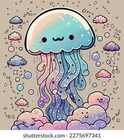 Pattern with Сartoon cute smiling jellyfish or octopus with Sealife on beige background. Perfect content for wallpaper, postcards, posters, fabric, napkins and other creative projects.