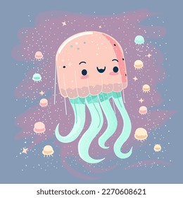 Pattern with Сartoon cute smiling jellyfish on pink and purple background. Perfect content for wallpaper, postcards, posters, fabric, napkins and other creative projects.