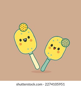 Pattern of Сartoon cute smiling two Pickleball rackets or paddles and yellow balls. Perfect content for wallpaper, postcards, posters, fabric, napkins and other creative projects. 