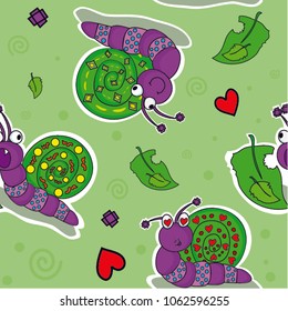 pattern of cute snails and leaves on a green background