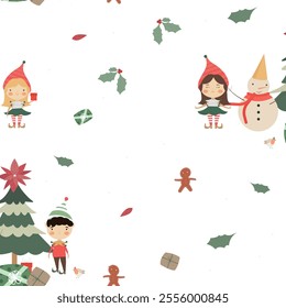 Pattern Cute snowman and elves Flat characters. On a white background.