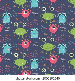 Patrón con monstruos espaciales adorables. Papel digital espacio cosmos para papel tapiz infantil, tejido textil