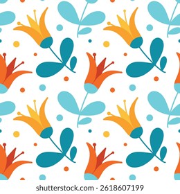 A pattern of cute spring elements. Flat illustration. Beautiful hand drawn flowers, floral decor, blooming garden for fabric.
