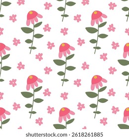 A pattern of cute spring elements. Vector flat illustration.Hand-drawn beautiful flowers, floral decor, blooming garden, leaves and herbs.