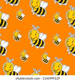 Pattern with cute striped little bumble bee or honey bee logo with a happy smile 