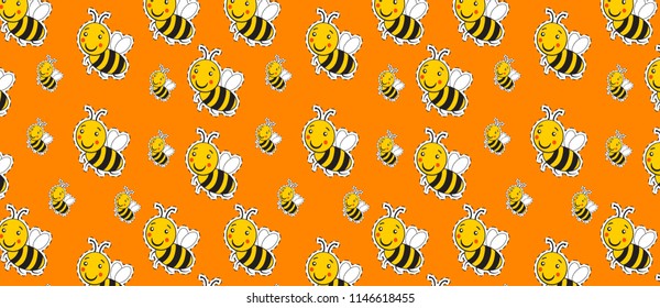 Pattern with cute striped little bumble bee or honey bee logo with a happy smile 