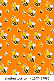 Pattern with cute striped little bumble bee or honey bee logo with a happy smile 
