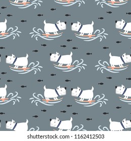 Pattern with cute surf puppies blue sea background.