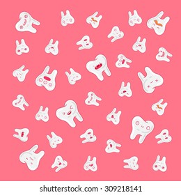 The pattern of cute teeth on a pink background. Vector.