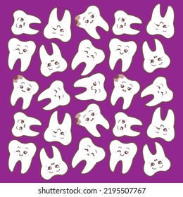 Pattern with cute teeth on purple background for children's dental design. Set of teeth