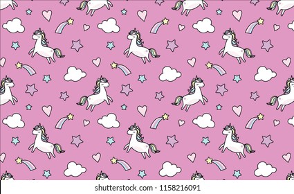 pattern with a cute tiny unicorn is flying on the cloud