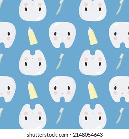 Pattern with Cute Tooth, Toothpaste and Brush. Illustration in vector. For greeting card, posters, banners, the card or stick, printing on the pack, printing on clothes, fabric, wallpaper.