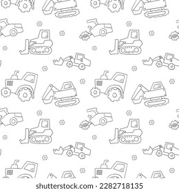 Сhildish pattern with cute trucks and transport hand drawn icons on white olive background. baby shower greeting card. Tractor seamless texture for kids bedding, fabric, wallpaper