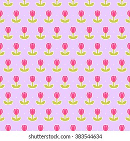 Pattern with cute tulips. Background little pink tulips. Cute floral seamless pattern. Decorative tulip flowers. Vector illustration. The concept spring background for your design.