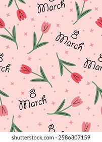 Pattern of cute tulips on a light pink background.