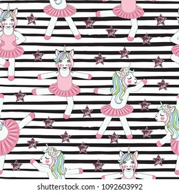 PATTERN WITH Cute Unicorn ballerina on black lines. Can be used for baby t-shirt print, fashion print design, kids wear, baby shower celebration greeting and invitation card