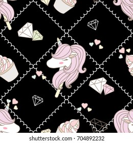 Pattern cute unicorn and cupcake diamond  in black background.
