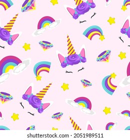 Pattern of cute unicorn face. Funny character with flowers. Colorful vector illustration isolated on pink background.