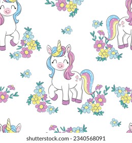 Pattern cute unicorn with flowers childrens print Vector Illustration