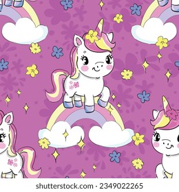 Pattern cute unicorn and rainbow with flowers childrens print Vector Illustration