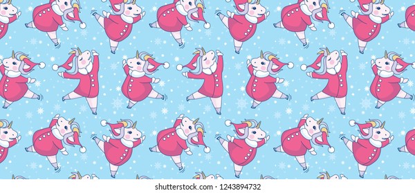 pattern with cute unicorn skates with a Santa Claus coat and hat on blue background with snowflakes. Merry  Christmas pattern witn little unicorn. 