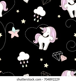 Pattern cute unicorn and star floral in black background.