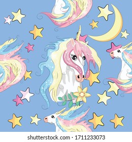 pattern with cute unicorns, clouds,rainbow and stars. Magic background with little unicorns