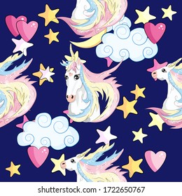 pattern with cute unicorns, clouds,rainbow and stars. Magic background with little unicorns