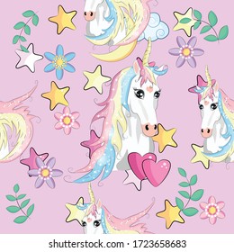 con adorables unicornios, nubes, arco iris y estrellas. Fondo mágico con pequeños unicornios