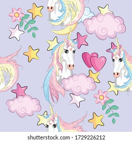 pattern with cute unicorns, clouds,rainbow and stars. Magic background with little unicorns
