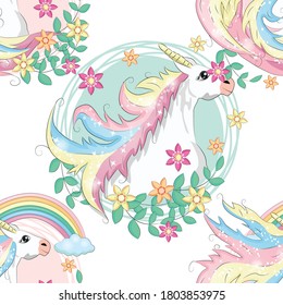 pattern with cute unicorns, clouds,rainbow and stars. Magic background with little unicorns.