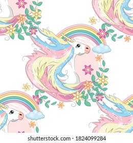 pattern with cute unicorns, clouds,rainbow and stars. Magic background with little unicorns.