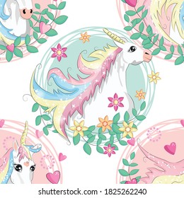 con adorables unicornios, nubes, arco iris y estrellas. Fondo mágico con pequeños unicornios.