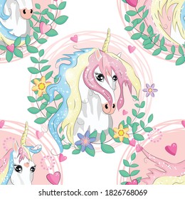 pattern with cute unicorns, clouds,rainbow and stars. Magic background with little unicorns.