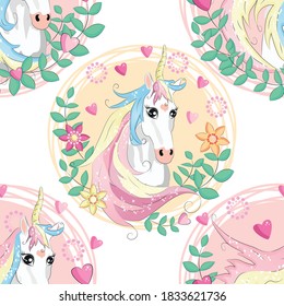 pattern with cute unicorns, clouds,rainbow and stars. Magic background with little unicorns.