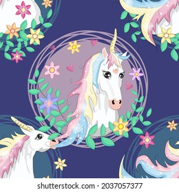 pattern with cute unicorns, clouds,rainbow and stars. Magic background with little unicorns.