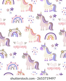 Pattern of cute unicorns and rainbows on a white background.