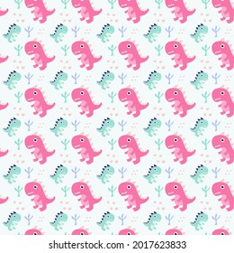 pattern cute vector colored seamless repeating children pattern with cute dino pink and dino green, rainbow in doodle style on a white background. Baby pattern with dinosaurs. Cute baby animals.