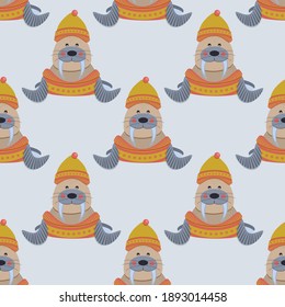 Pattern of cute walrus in yellow sweater climbs out of hole. vector illustration. 