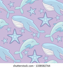 pattern of cute whale with dolphin and starfishes