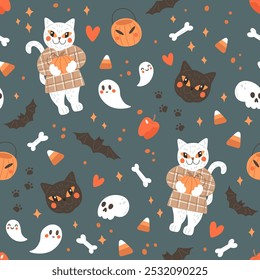 Padrão com gato branco bonito e elementos de Halloween - fantasmas, crânio, ossos, morcegos. Textura sem emenda de outono. Ilustração vetor de Halloween do gatinho com abóbora. Feliz Dia das Bruxas