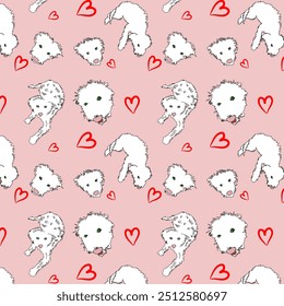 Pattern with cute white dogs in different poses, pink background