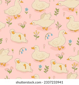 Pattern with cute white ducks and flowers. Vector graphics.