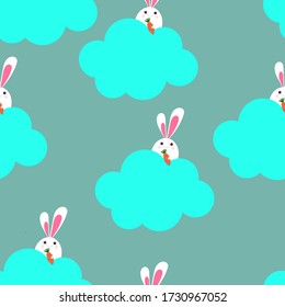 Pattern Cute white rabbit on blue cloud
