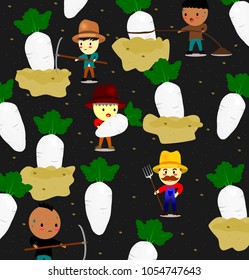 pattern with cute white radish on field and farmer,vegetables and worker cartoon style,vector.