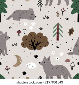 Pattern with cute wolves in forest. Woodland trees, mushrooms and cute animals print for kids. Seamless pattern with baby wolf. Nature background