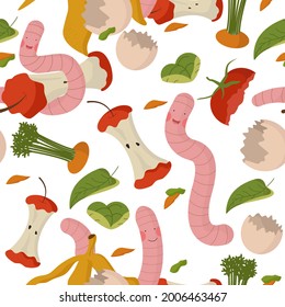 A pattern with a cute worm lying next to plant waste: banana peel, apple core, eggshell, peel, tomato, carrot. organic matter composting concept. organic farming. disposal of organic waste